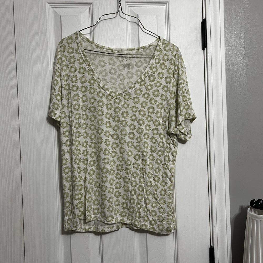 American Eagle Outfitters Floral Short Sleeve Top - Olive and Cream